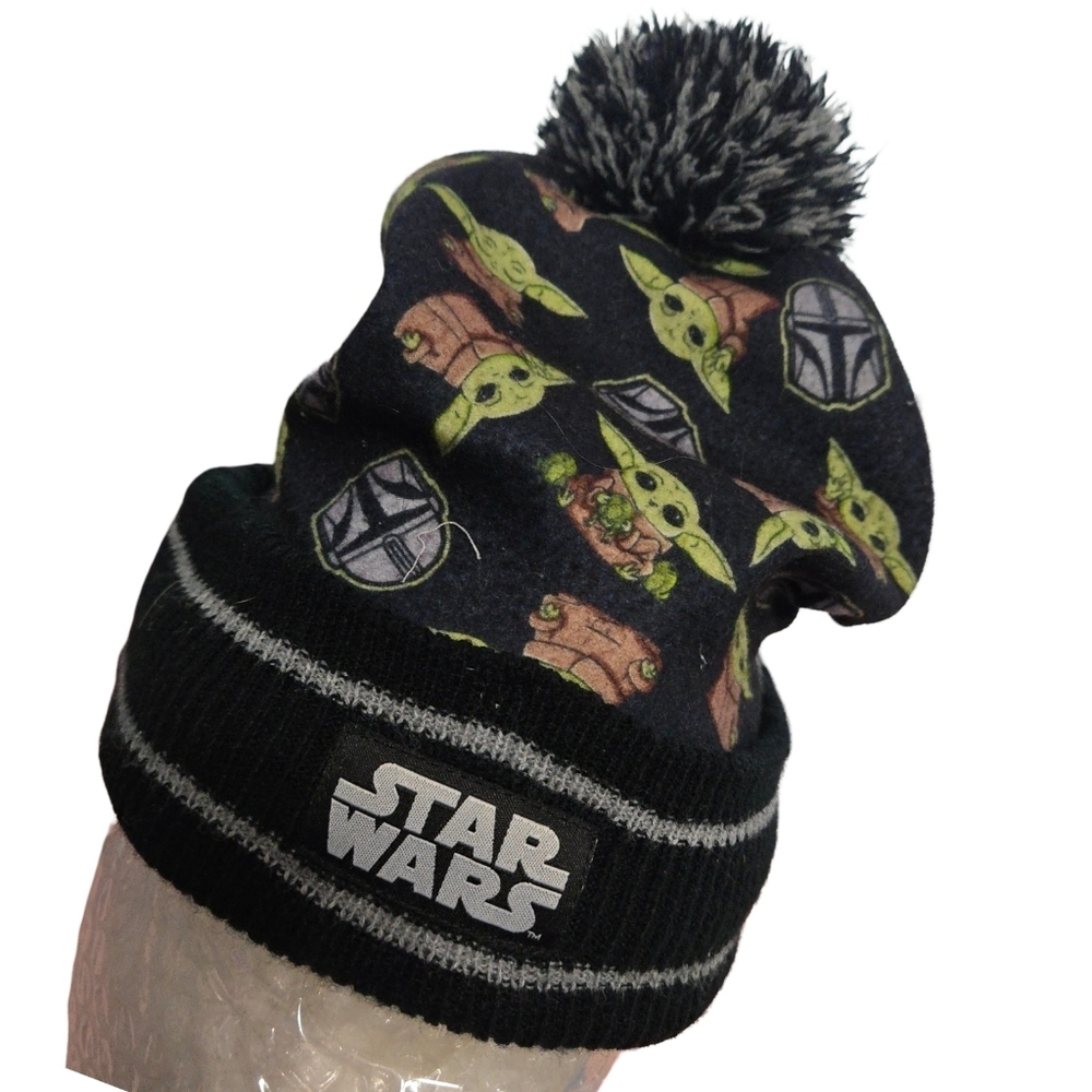 Star Wars Black Beanie with Green Characters and Gray Pom-Pom
